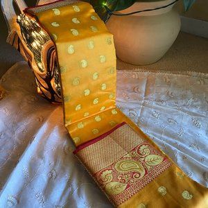 Indian Saree in Yellow + Red includes Blouse  +  Soft Banarsee